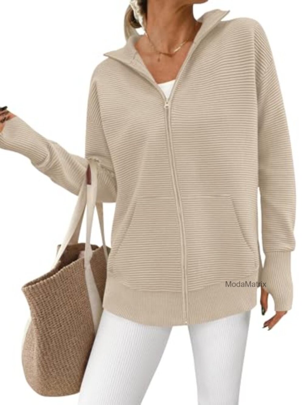 Long Sleeve Zip Up Ribbed Cardigan Sweater with Thumb Hole